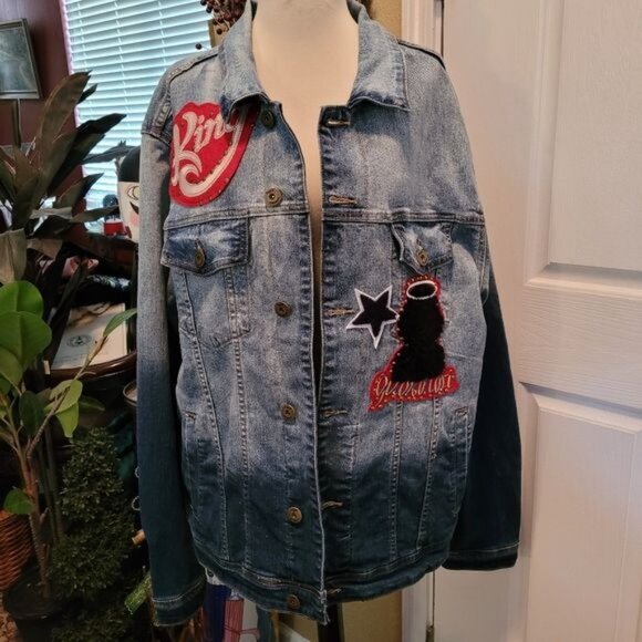 Vintage '90s Streetwear Denim Jacket Blue Patch Patches Angel Thrasher 2x - Picture 4 of 8